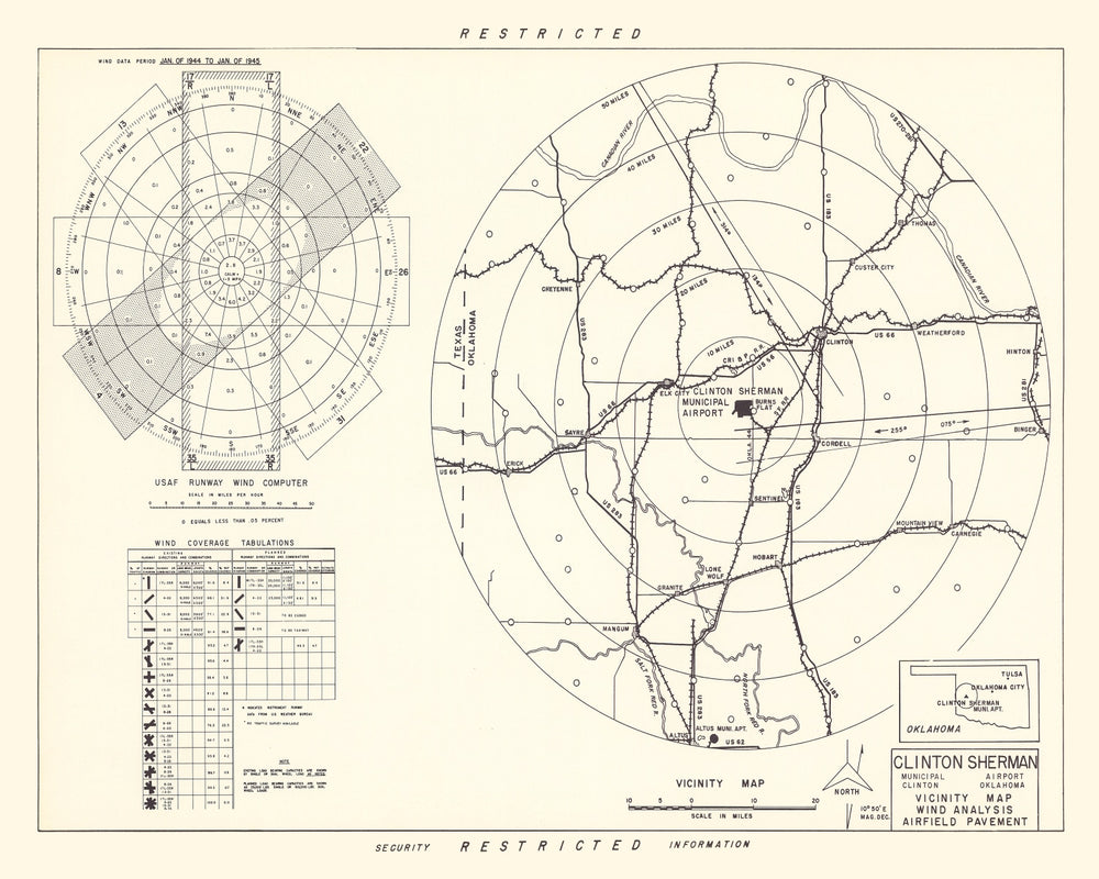 Vintage Map of the Clinton Sherman Municipal Airport Vicinity, 1952 print style example