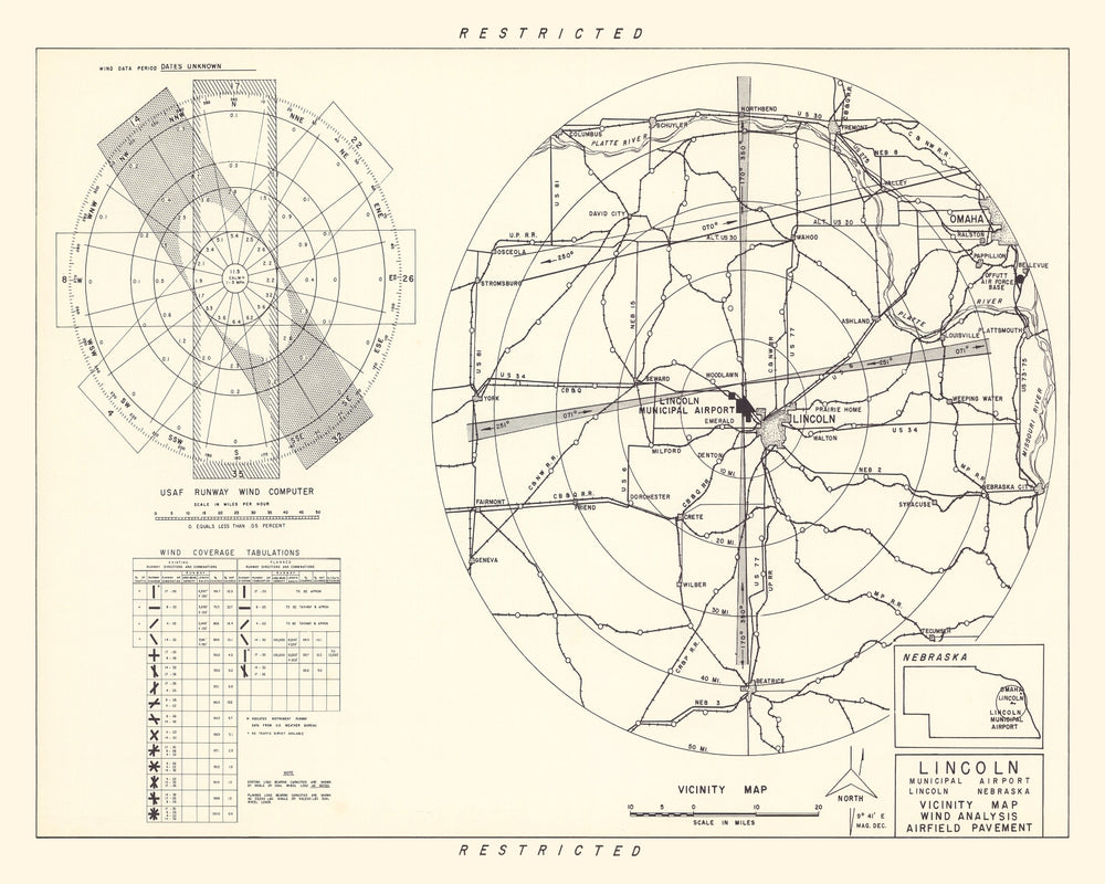 Vintage Map of the Lincoln Municipal Airport Vicinity, 1951 print style example