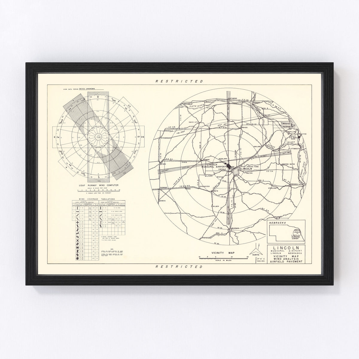 Lincoln Municipal Airport Vicinity Vintage Map 1951