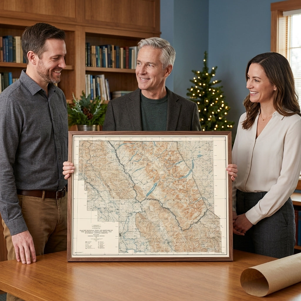 Business owner admiring a framed vintage map given by two colleagues in an office decorated for Christmas.