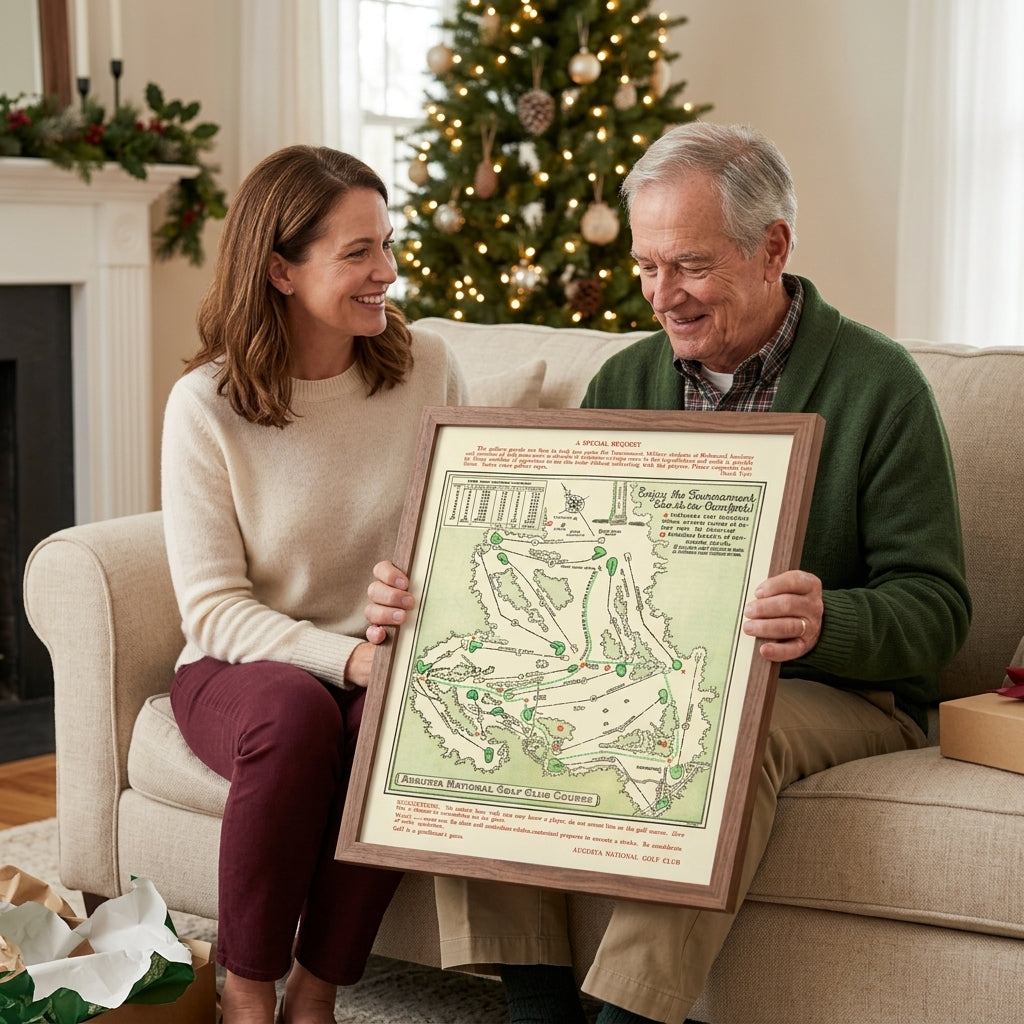 Daughter smiling beside her dad as he admires a framed vintage golf course map, his Christmas gift, beside a decorated tree.