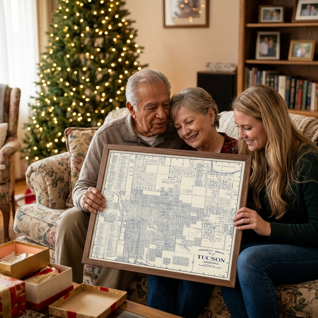 Grandparents and their adult granddaughter enjoying a framed vintage map together in a Christmas-decorated living room.