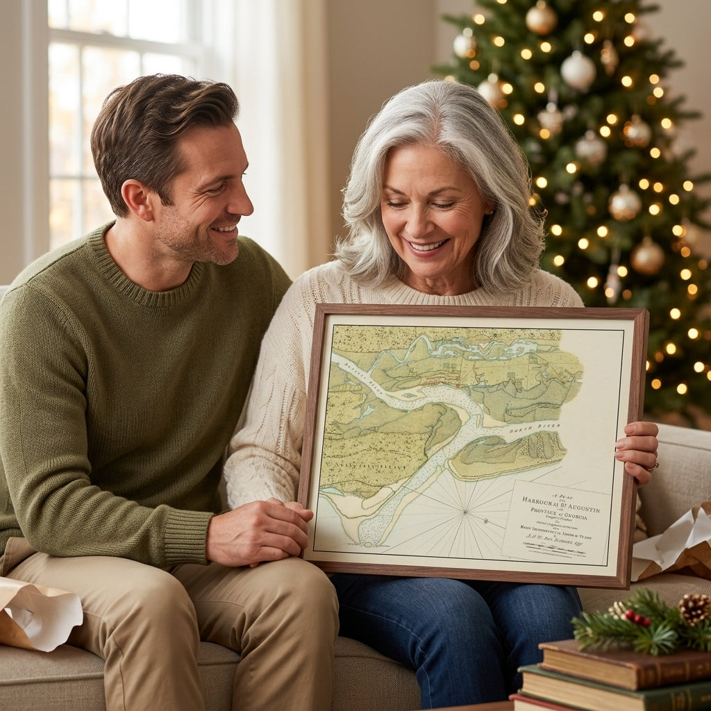 Mom admiring a framed vintage map on her lap while her adult son smiles beside her on Christmas morning.