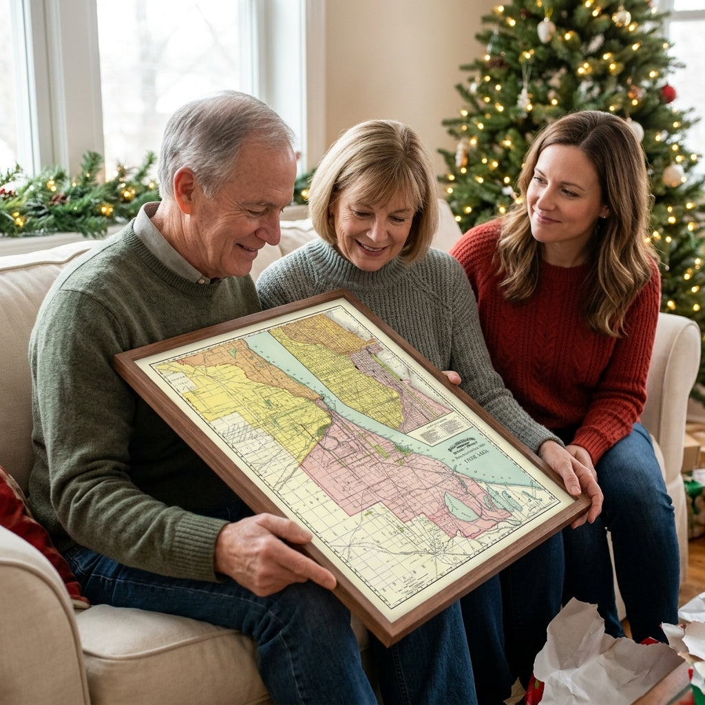 Parents admiring a framed vintage map together on Christmas morning as their adult daughter smiles beside them.