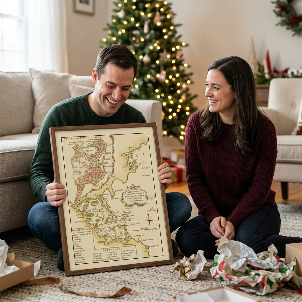 Adult brother smiling at a framed vintage map from his sister as they sit beside opened presents and a Christmas tree.