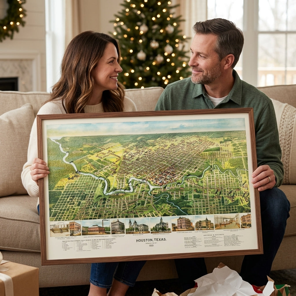 Wife holding a framed vintage map and exchanging a warm smile with her husband beside a Christmas tree.