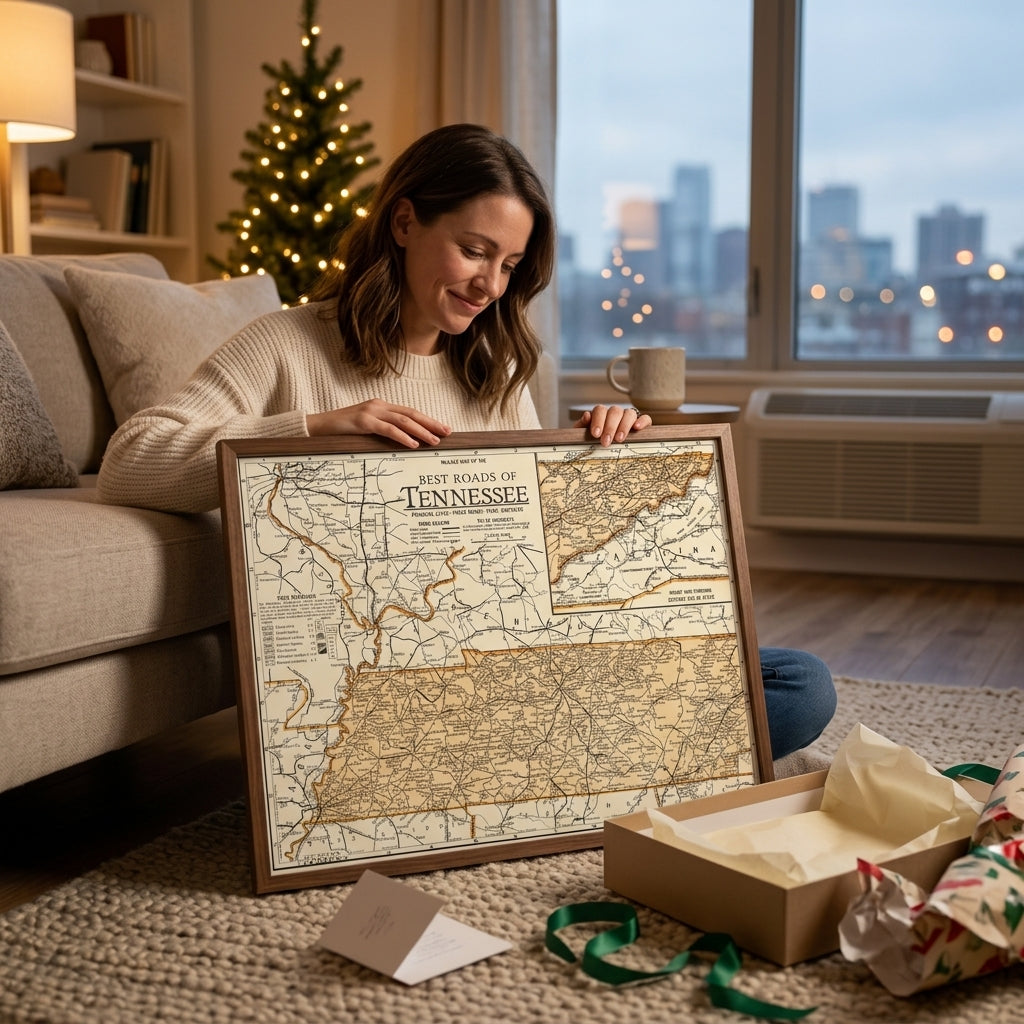 Woman smiling at a framed vintage hometown map she has unwrapped in her apartment beside a small Christmas tree.