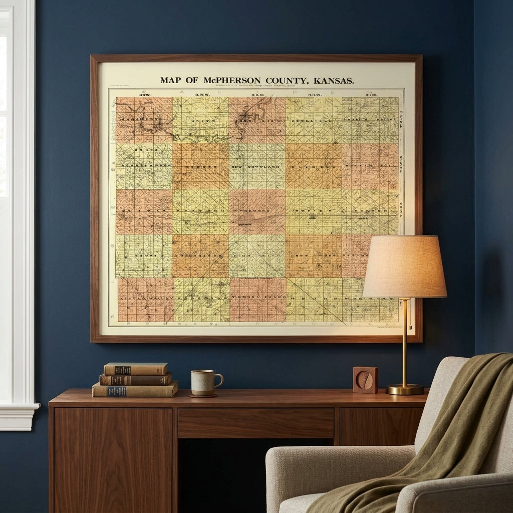 Vintage map in a slim walnut frame hanging above a wooden desk in a warm study with deep navy walls.