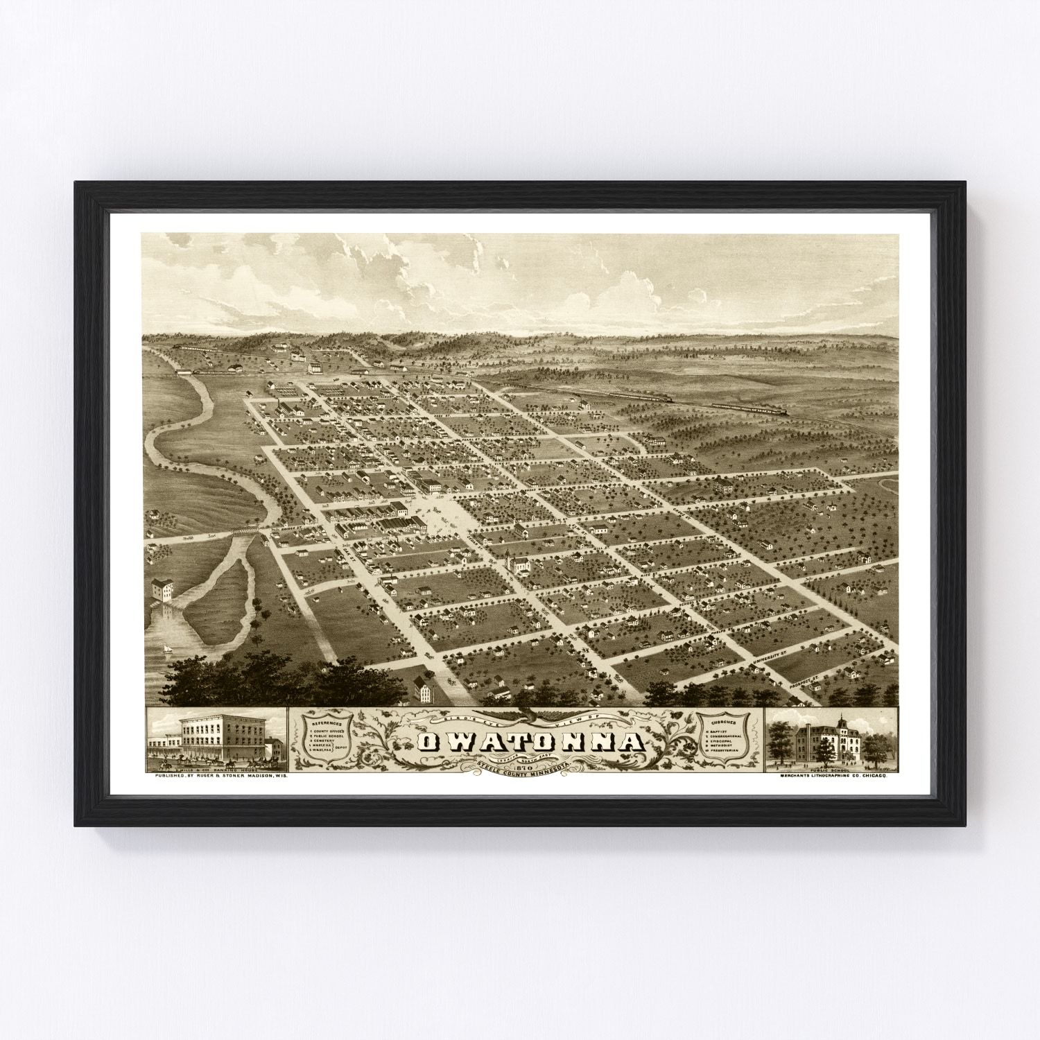 Vintage Map of Owatonna, Minnesota 1870 by Ted's Vintage Art