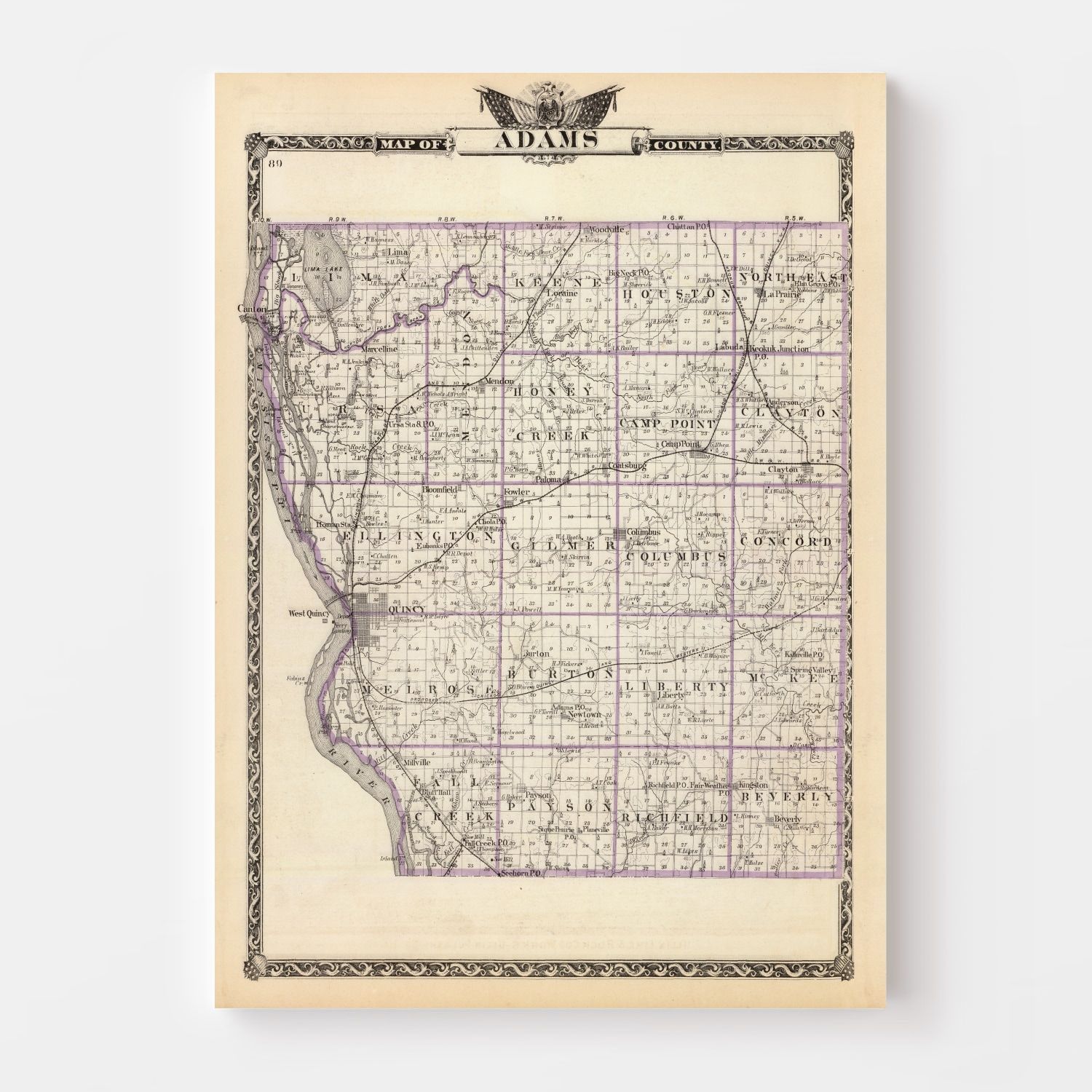 Vintage Map Of Adams County Illinois, 1876 By Ted's Vintage Art