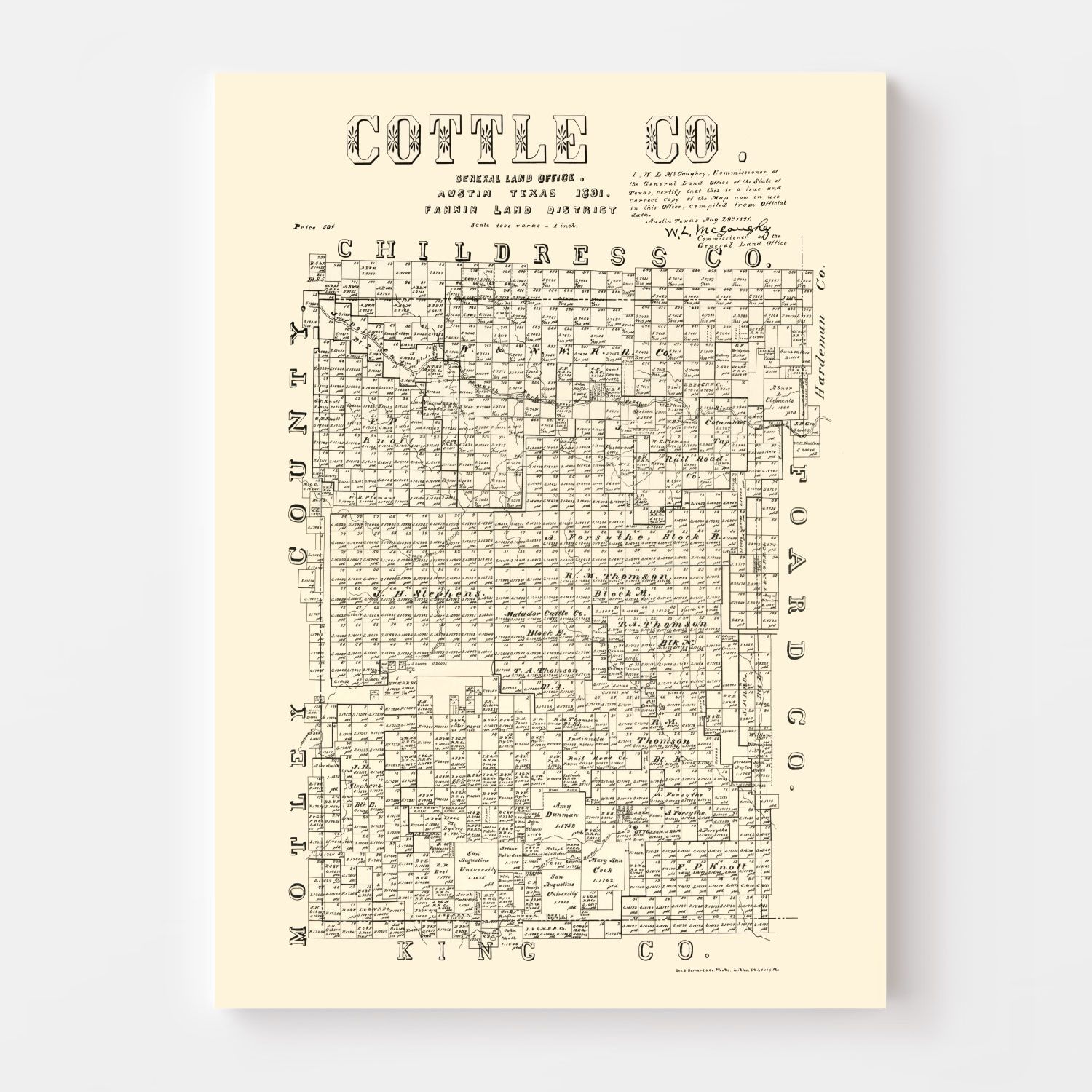 Vintage Map of Cottle County, Texas 1891 by Ted's Vintage Art