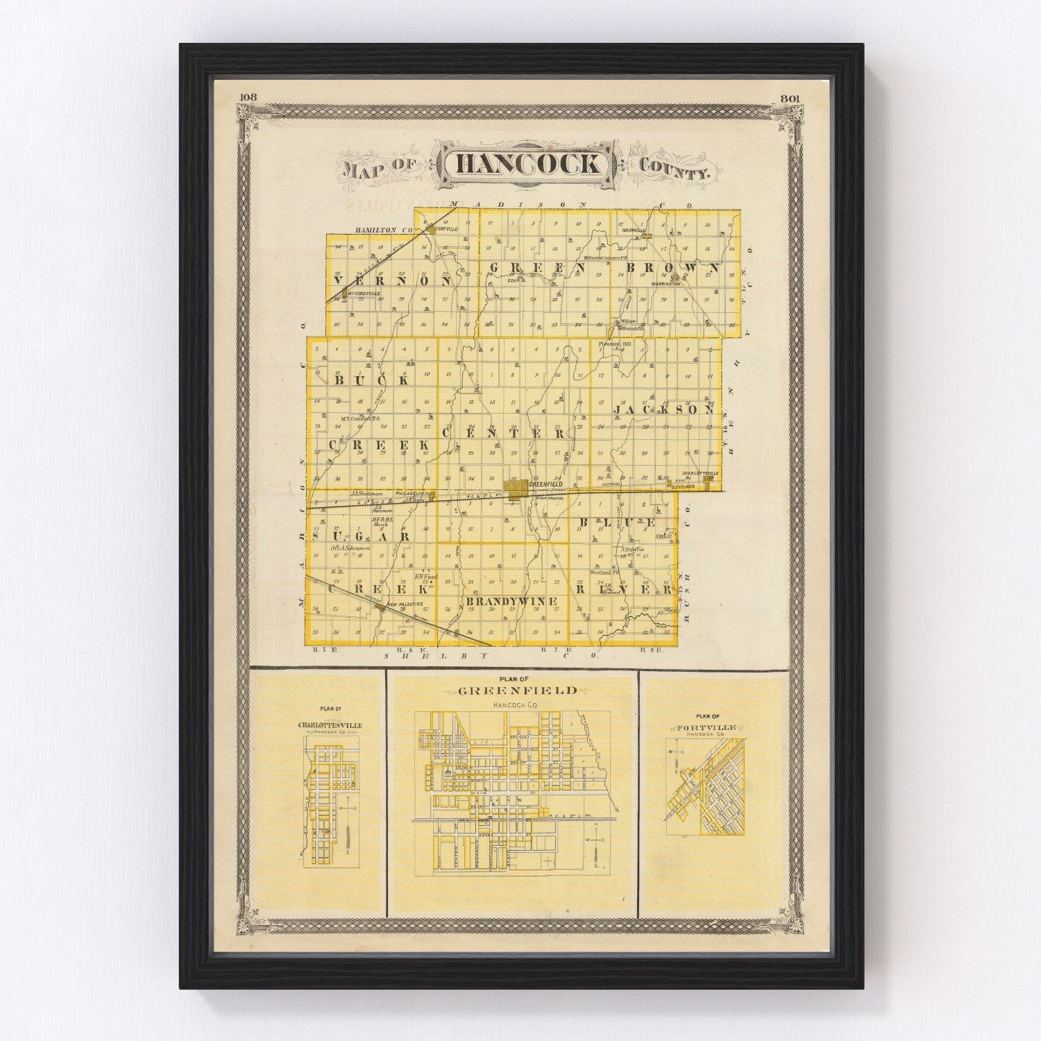 Vintage Map Of Hancock County Indiana 1876 By Teds Vintage Art 0786