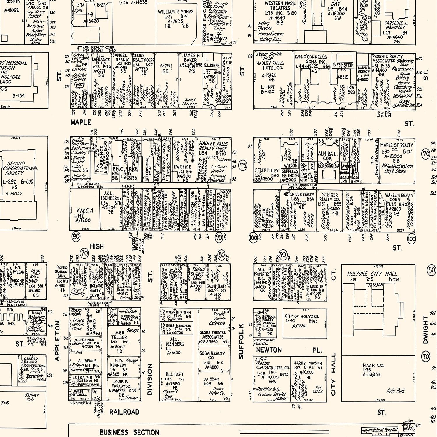 Vintage Map of Holyoke, MA Business Section 1946 by Ted's Vintage Art