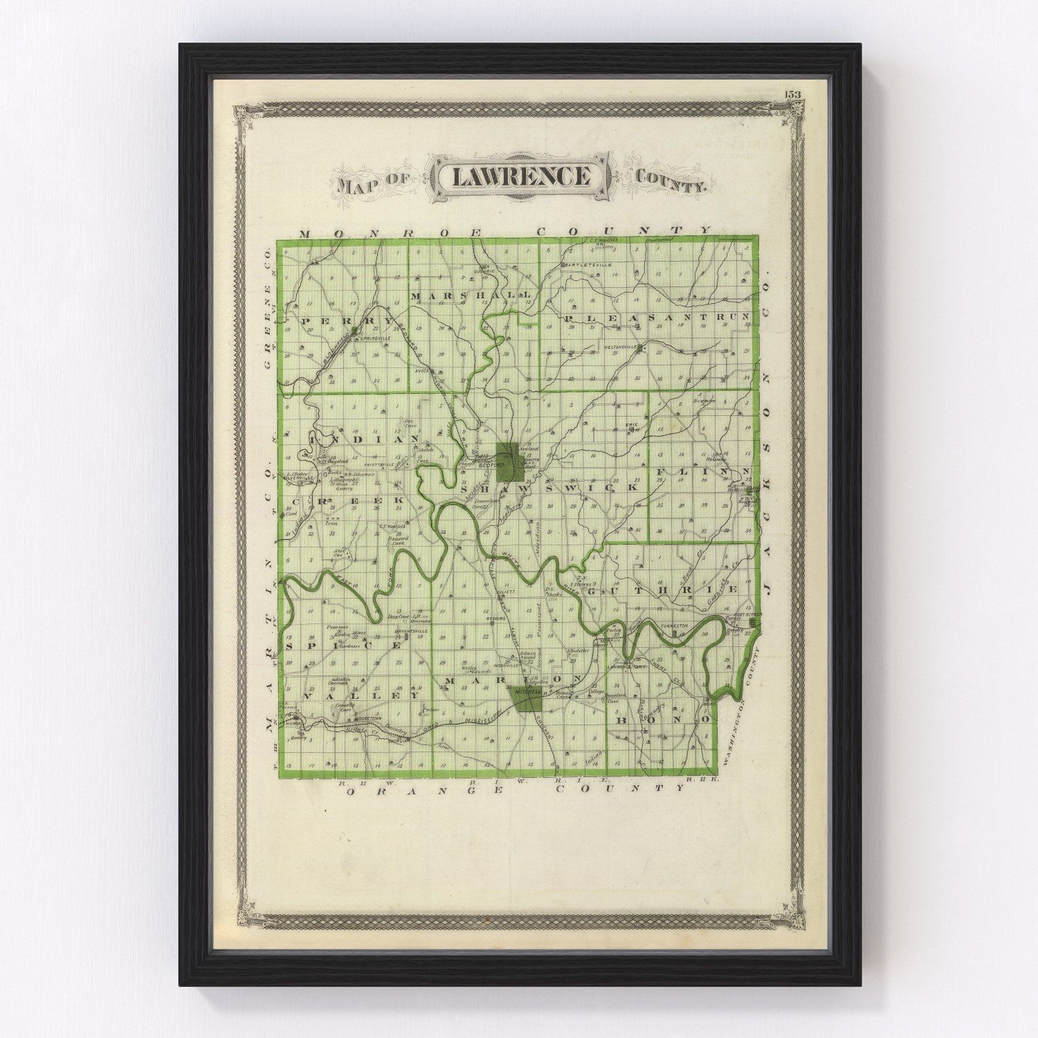 Vintage Map of Lawrence County Indiana, 1876 by Ted's Vintage Art