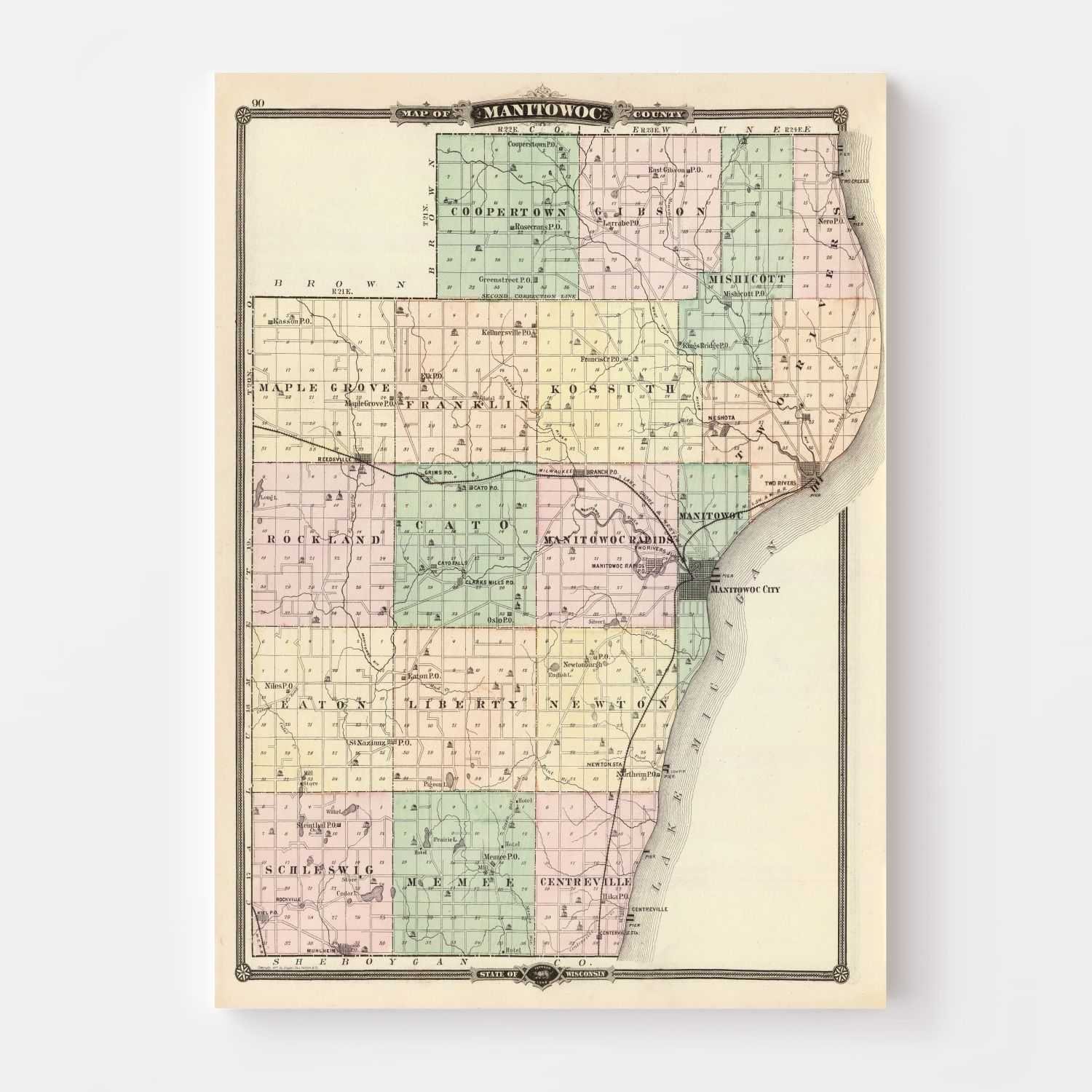 Vintage Map of Manitowoc County Wisconsin, 1878 by Ted's Vintage Art