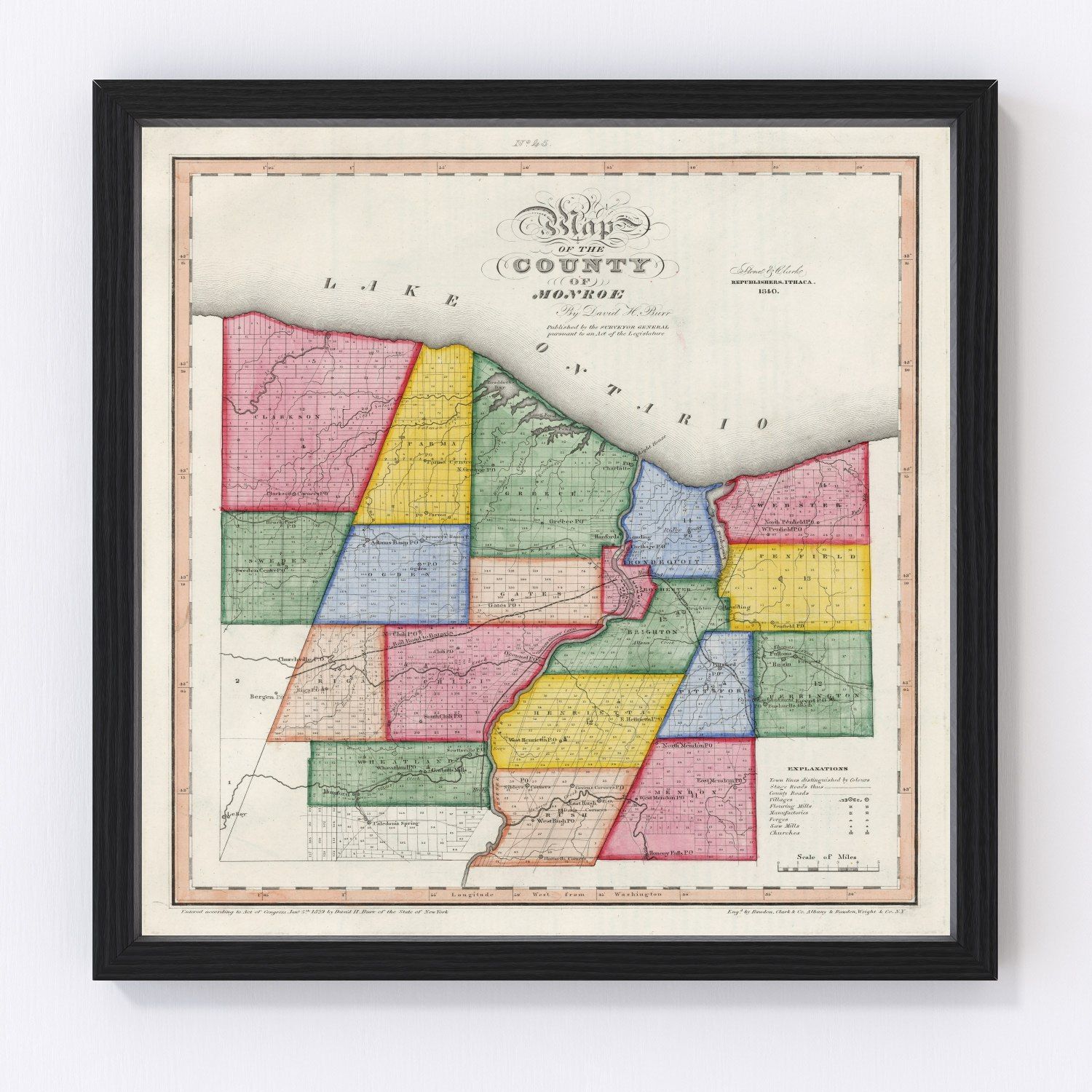 Vintage Map Of Monroe County New York, 1840 By Ted's Vintage Art