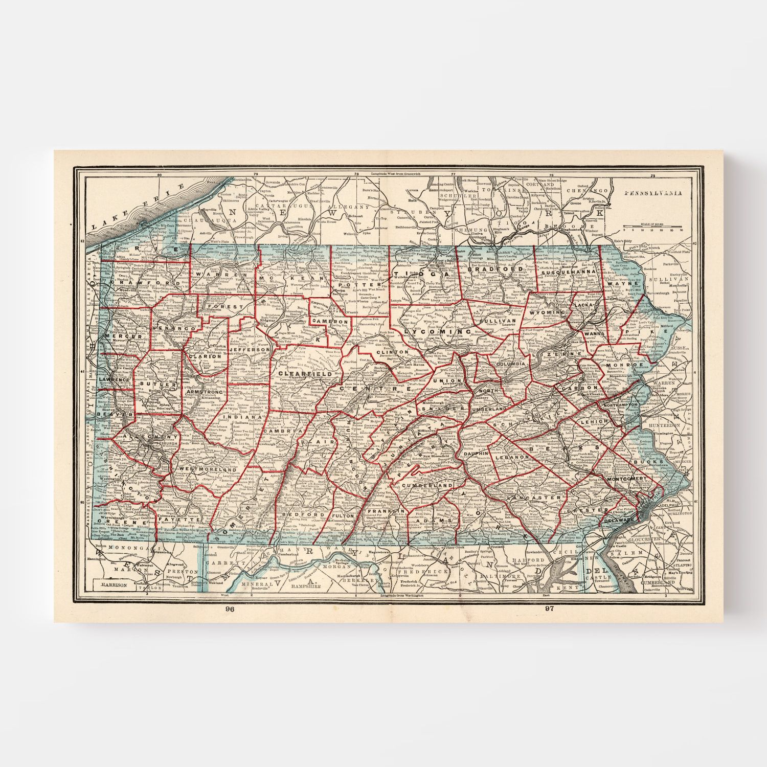 Vintage Map of Pennsylvania, 1893 by Ted's Vintage Art