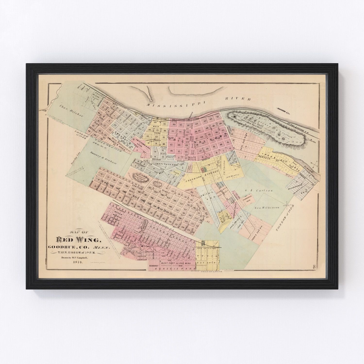 Vintage Map of Red Wing, Minnesota 1874 by Teds Vintage Art