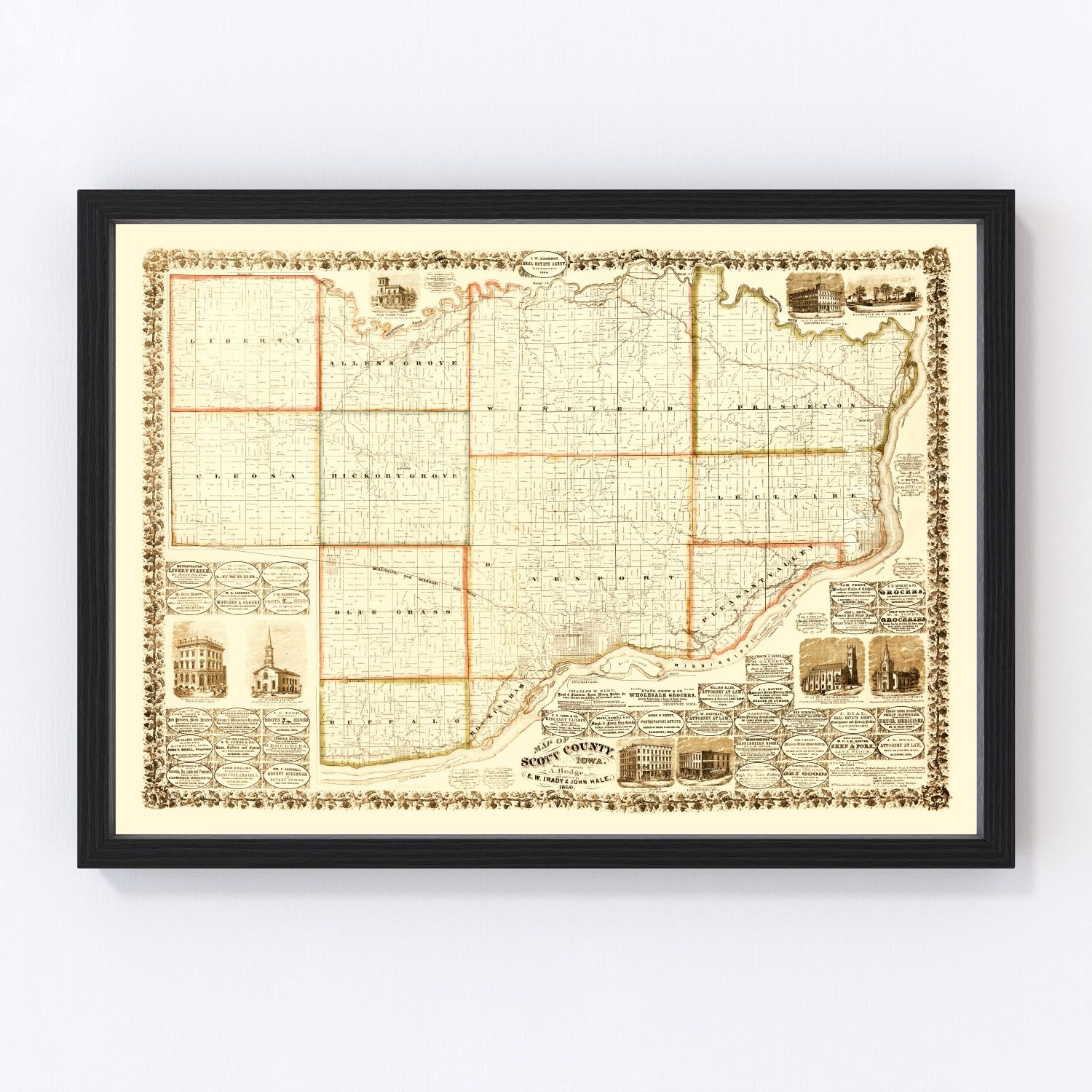 Vintage Map of Scott County, Iowa 1860 by Ted's Vintage Art