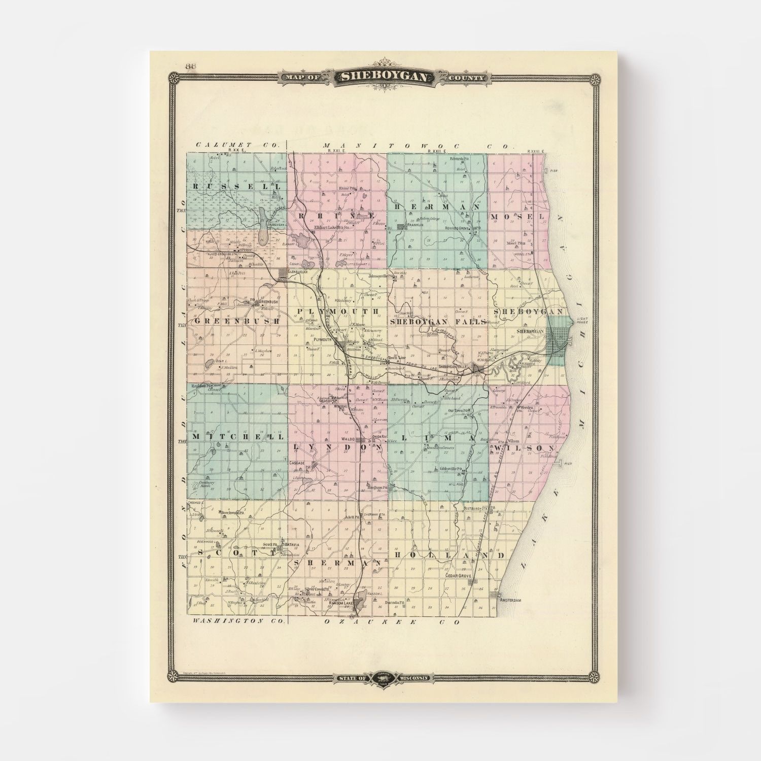 Vintage Map Of Sheboygan County Wisconsin, 1878 By Ted's Vintage Art