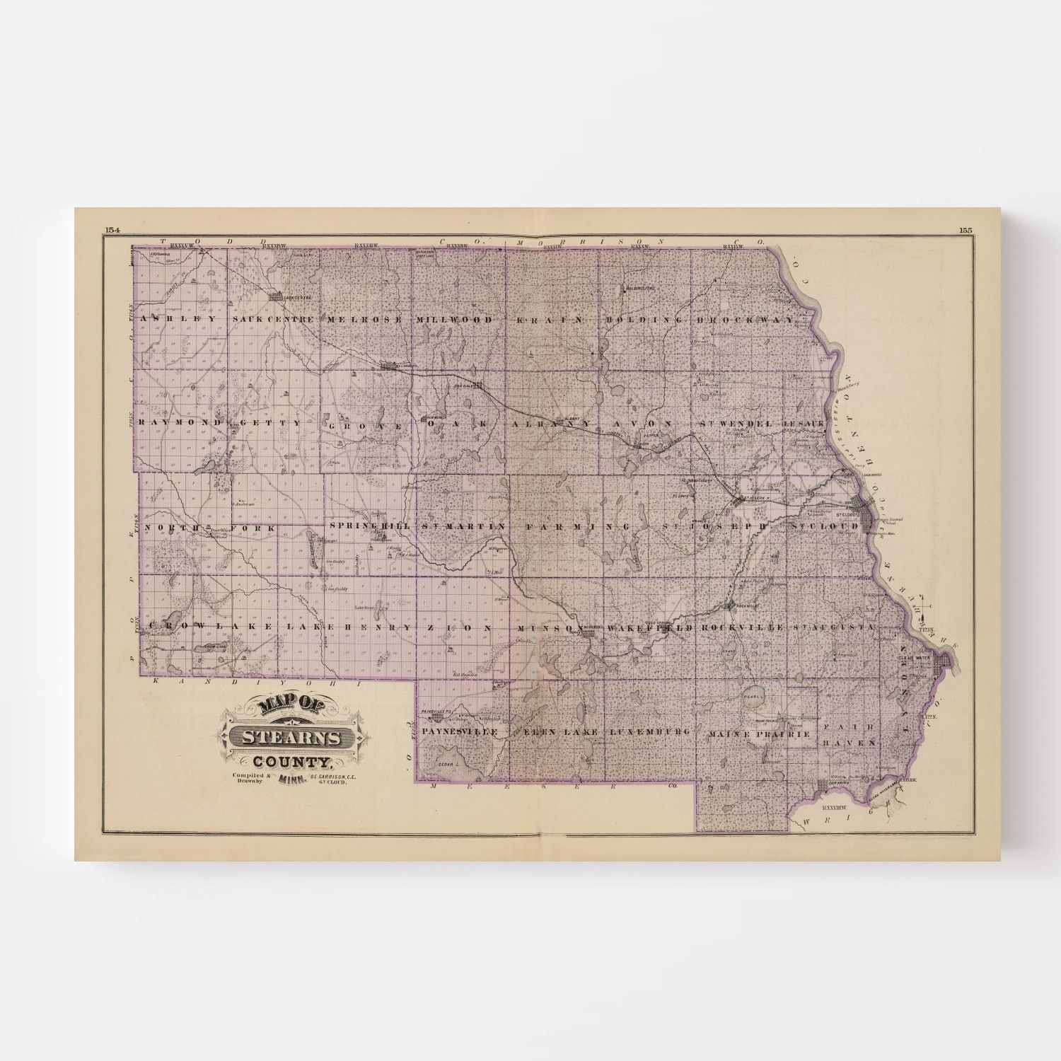 Vintage Map of Stearns County Minnesota, 1874 by Ted's Vintage Art