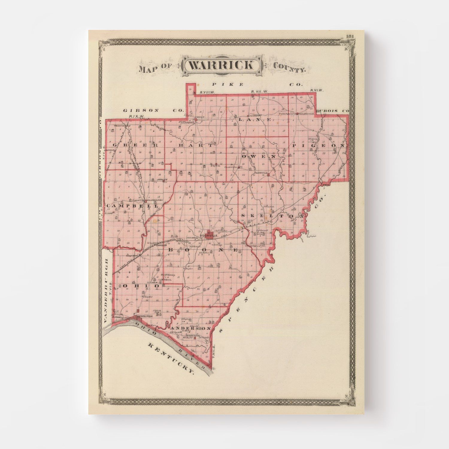 Vintage Map Of Warrick County Indiana, 1876 By Ted's Vintage Art