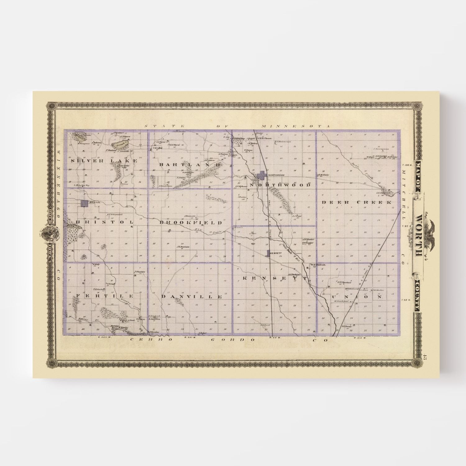 Vintage Map of Worth County Iowa, 1875 by Ted's Vintage Art