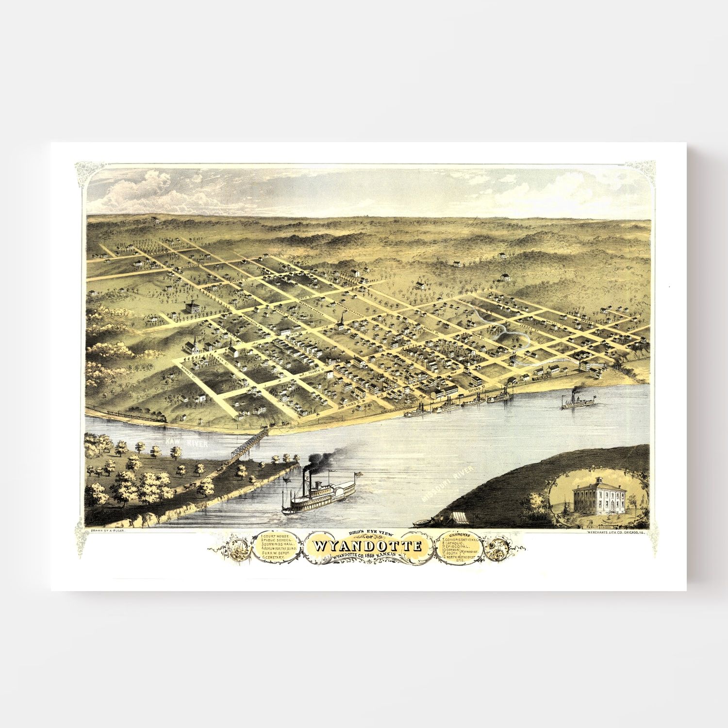 Vintage Map of Wyandotte, Kansas 1869 by Ted's Vintage Art