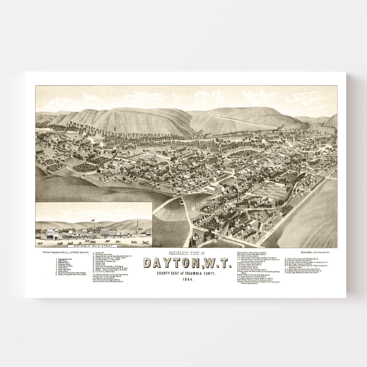 14x24 Dayton Washington 1884 Historic Panoramic Town Map 