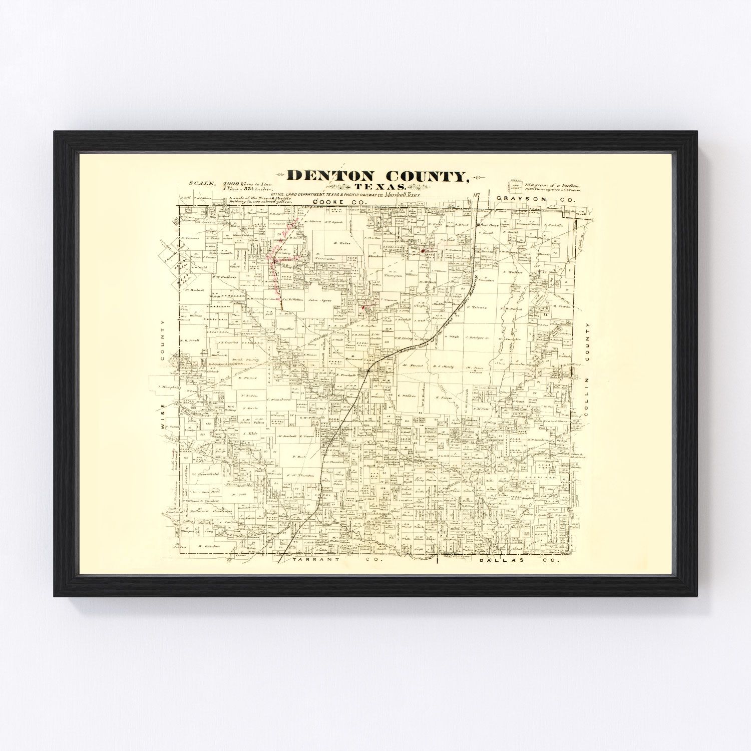 Vintage Map of Denton County, Texas 1870