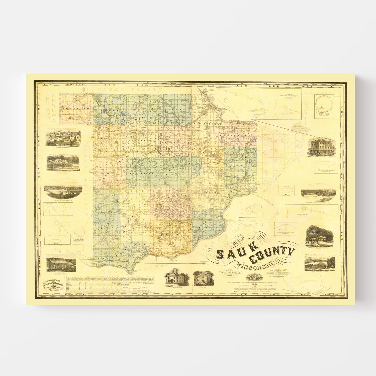 Vintage Map of Sauk County, Wisconsin 1859