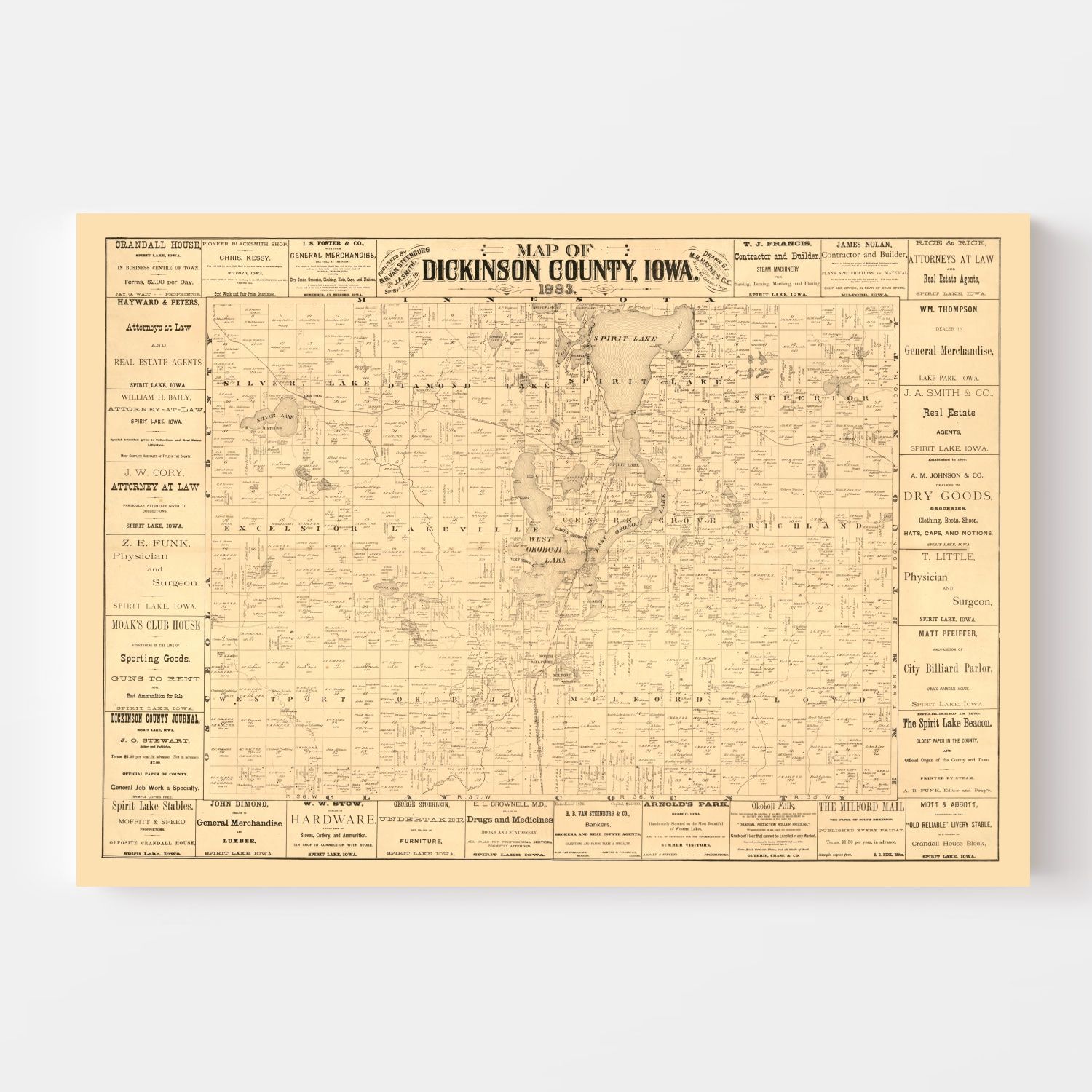 Vintage Map of Dickinson County, Iowa 1883
