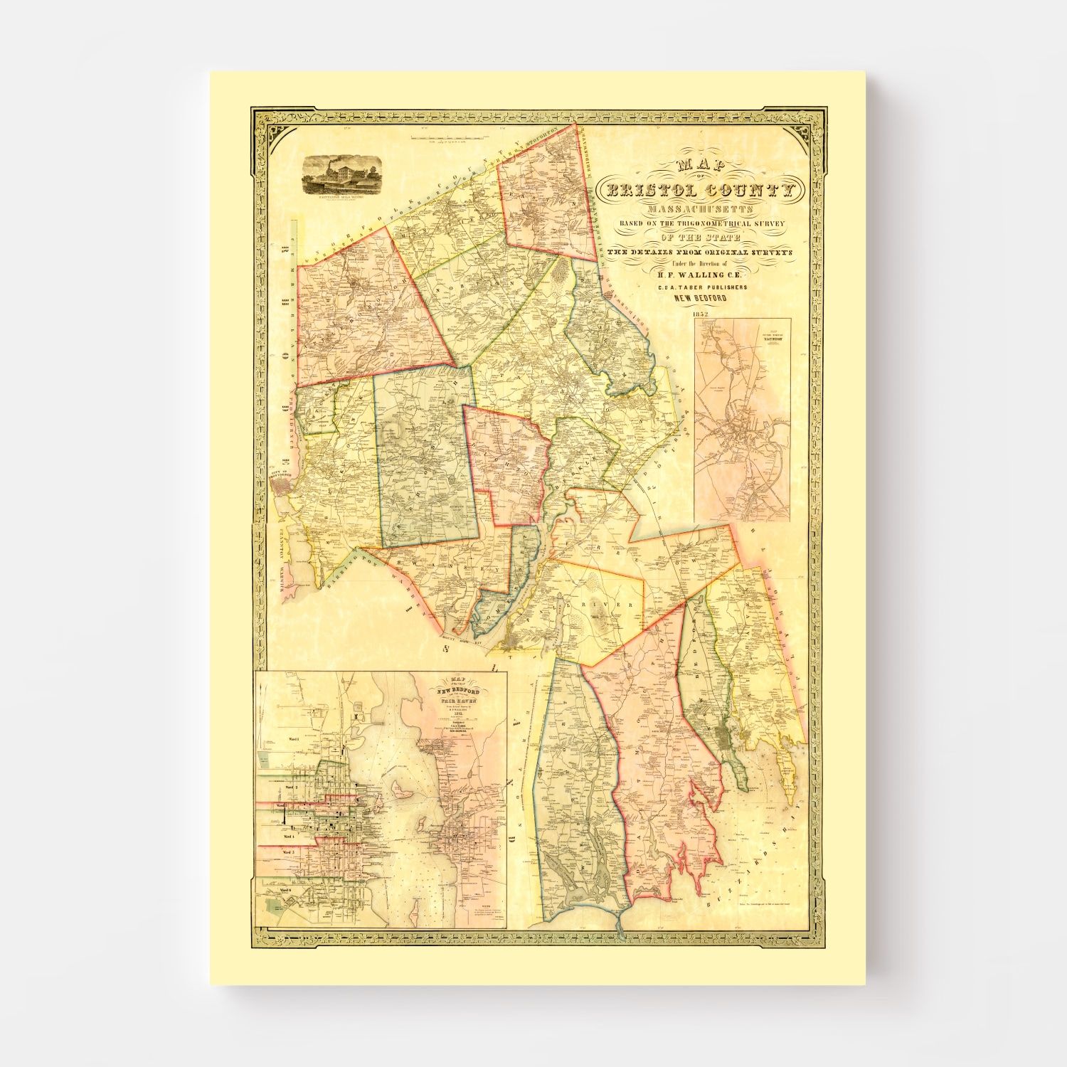 Vintage Map of Bristol County, Massachusetts 1852