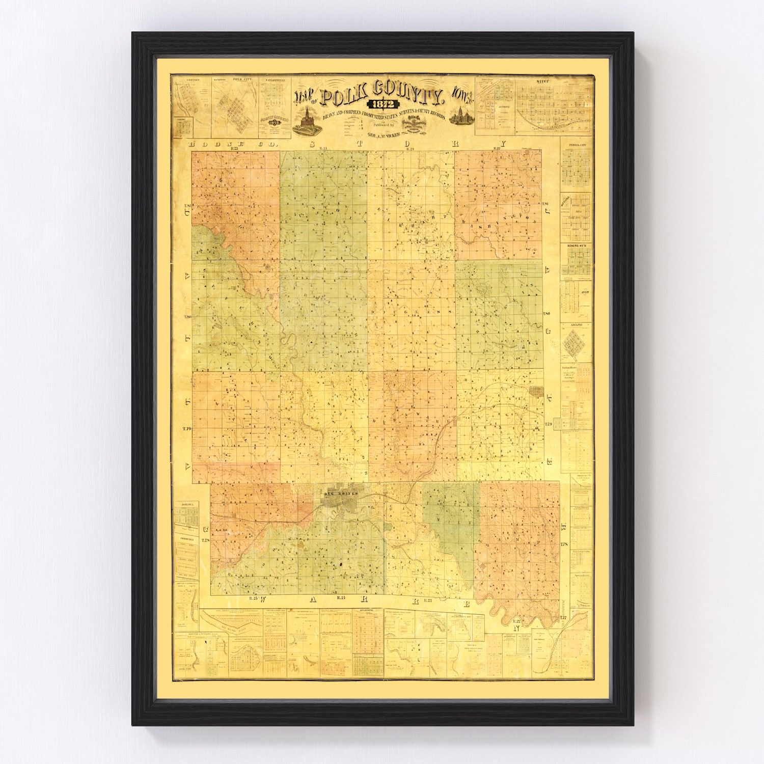 1868 DES MOINES IOWA POLK old WARREN county MAP IA 09 