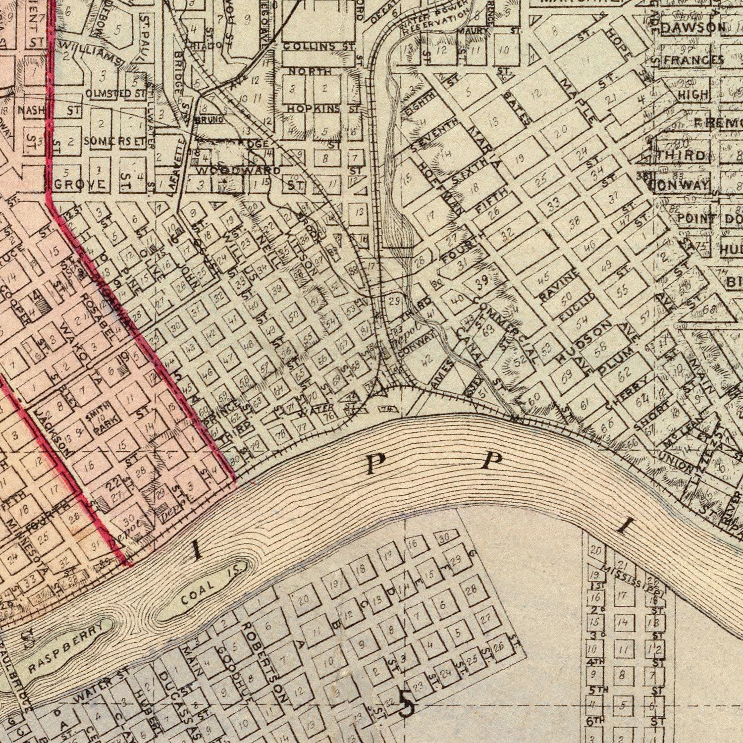 Vintage Map of St. Paul, Minnesota 1874