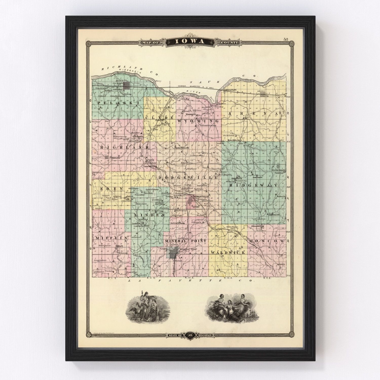 Vintage Map of Iowa County Wisconsin, 1878