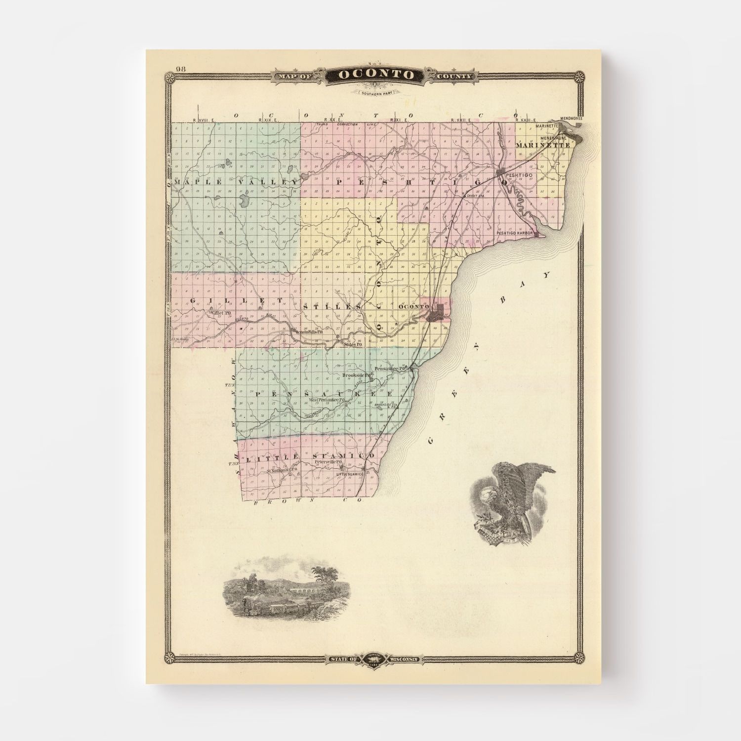 Vintage Map of Oconto County Wisconsin, 1878 by Ted's Vintage Art