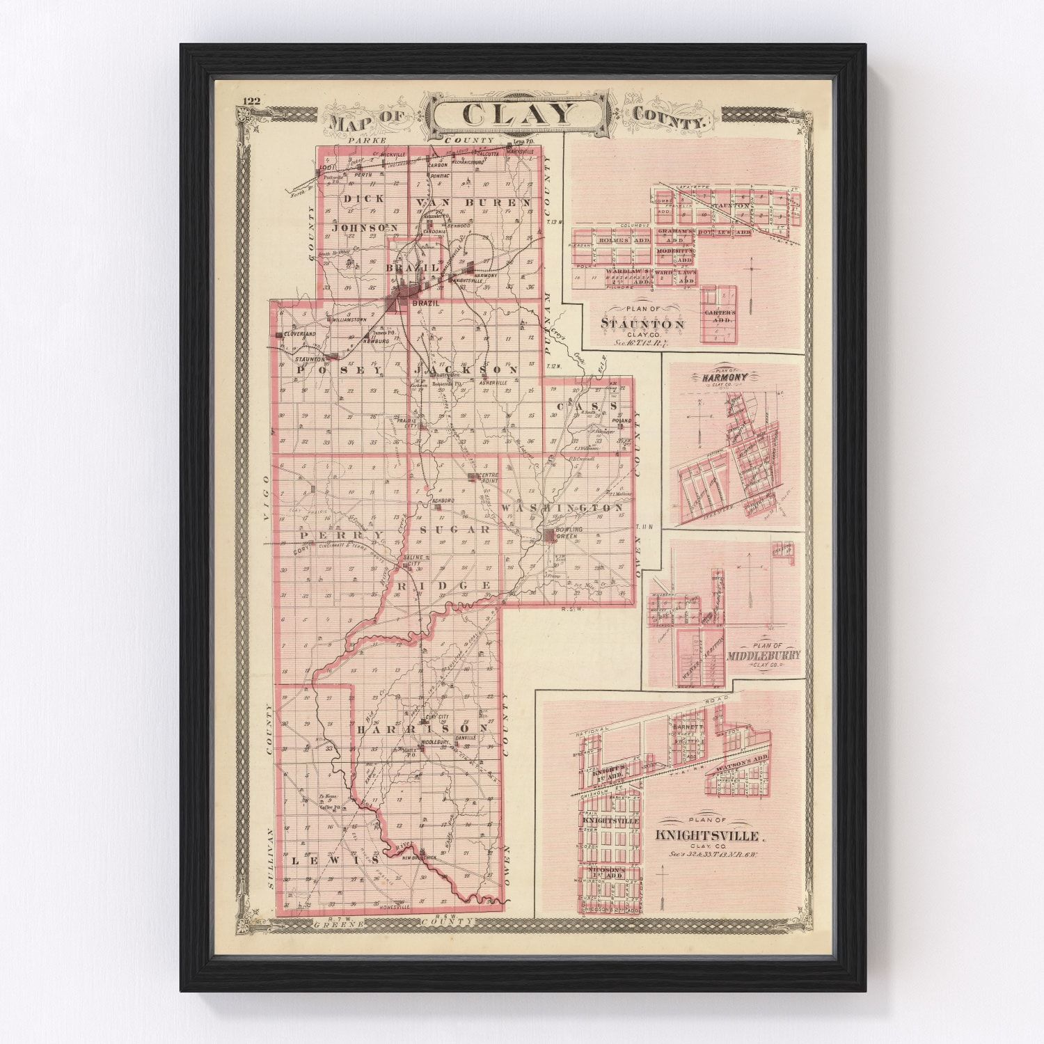 Vintage Map Of Clay County Indiana 1876 By Teds Vintage Art