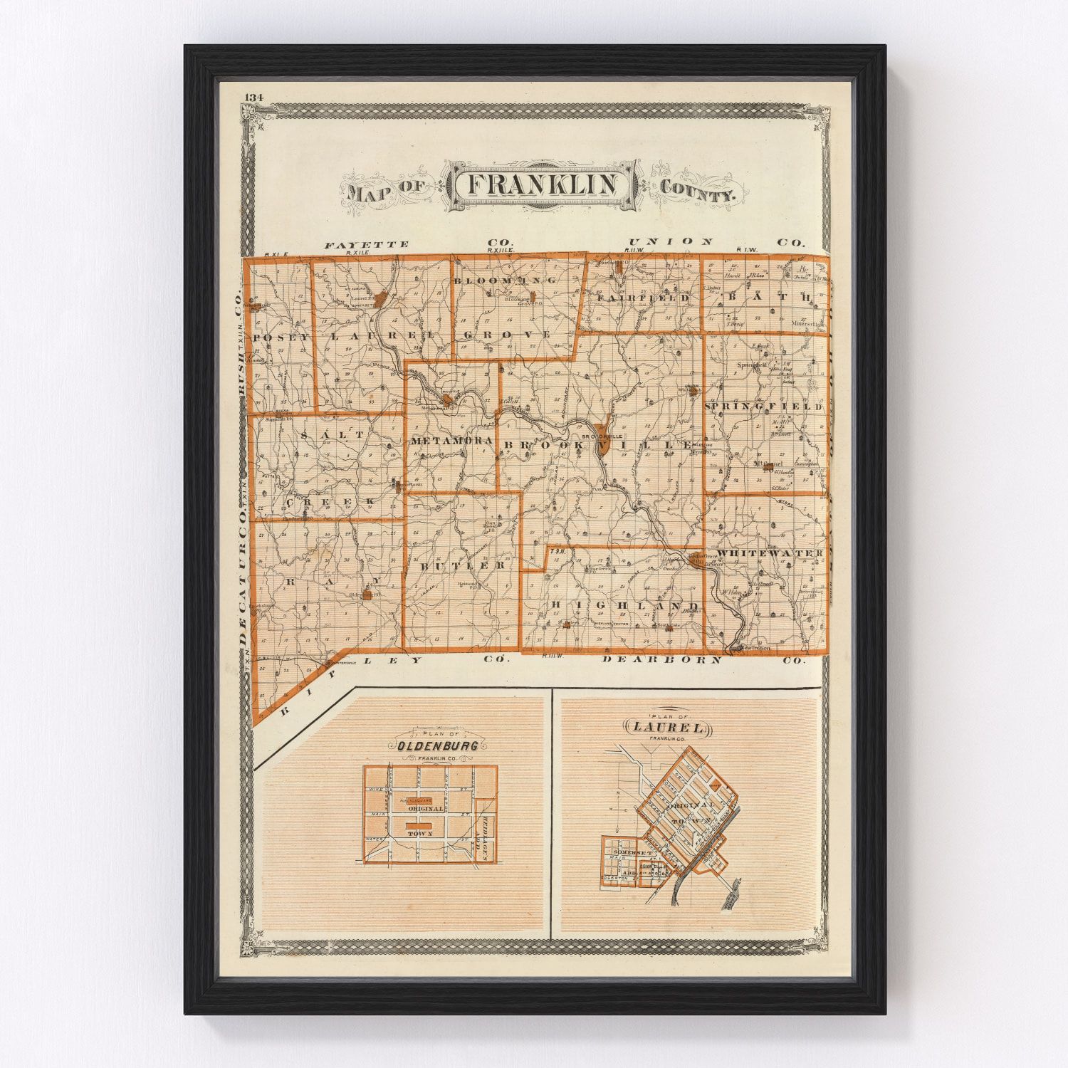 Vintage Map Of Franklin County Indiana, 1876 By Ted's Vintage Art