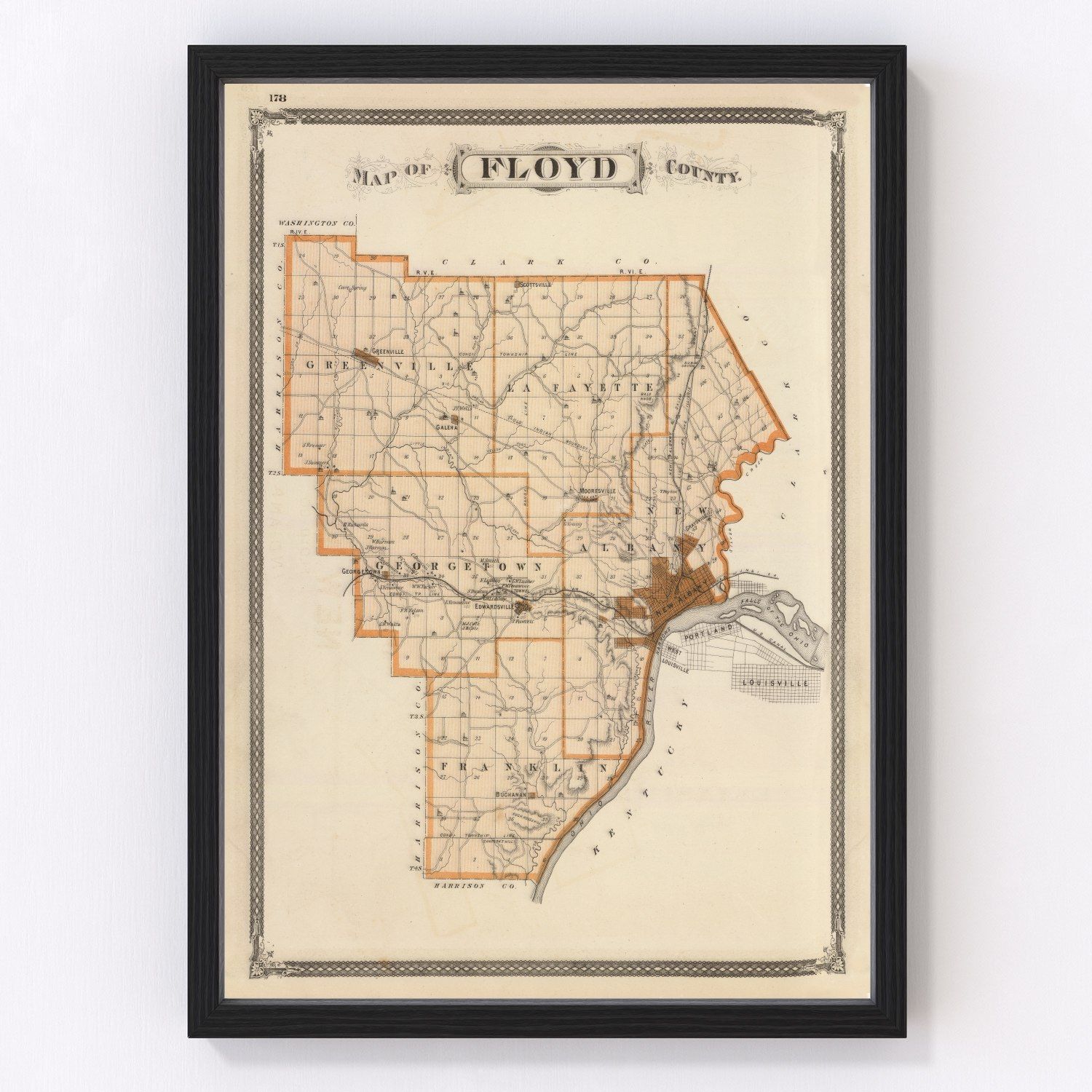 Vintage Map Of Floyd County Indiana, 1876 By Ted's Vintage Art