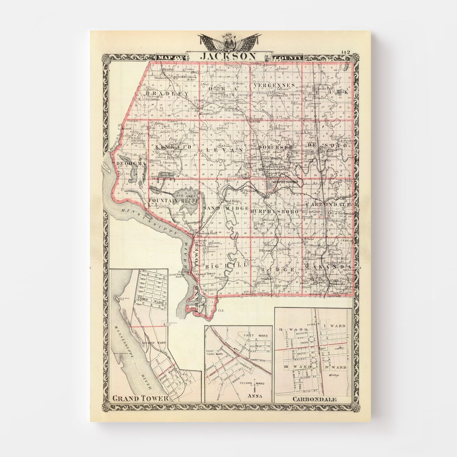 Vintage Map of Jackson County Illinois, 1876
