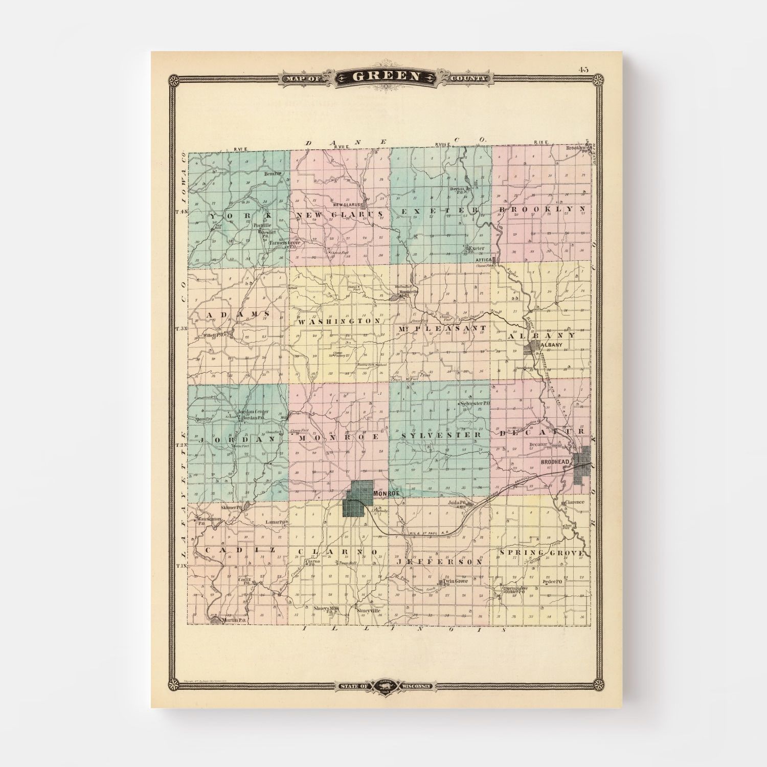 Vintage Map of Green County, Wisconsin 1878 by Ted's Vintage Art