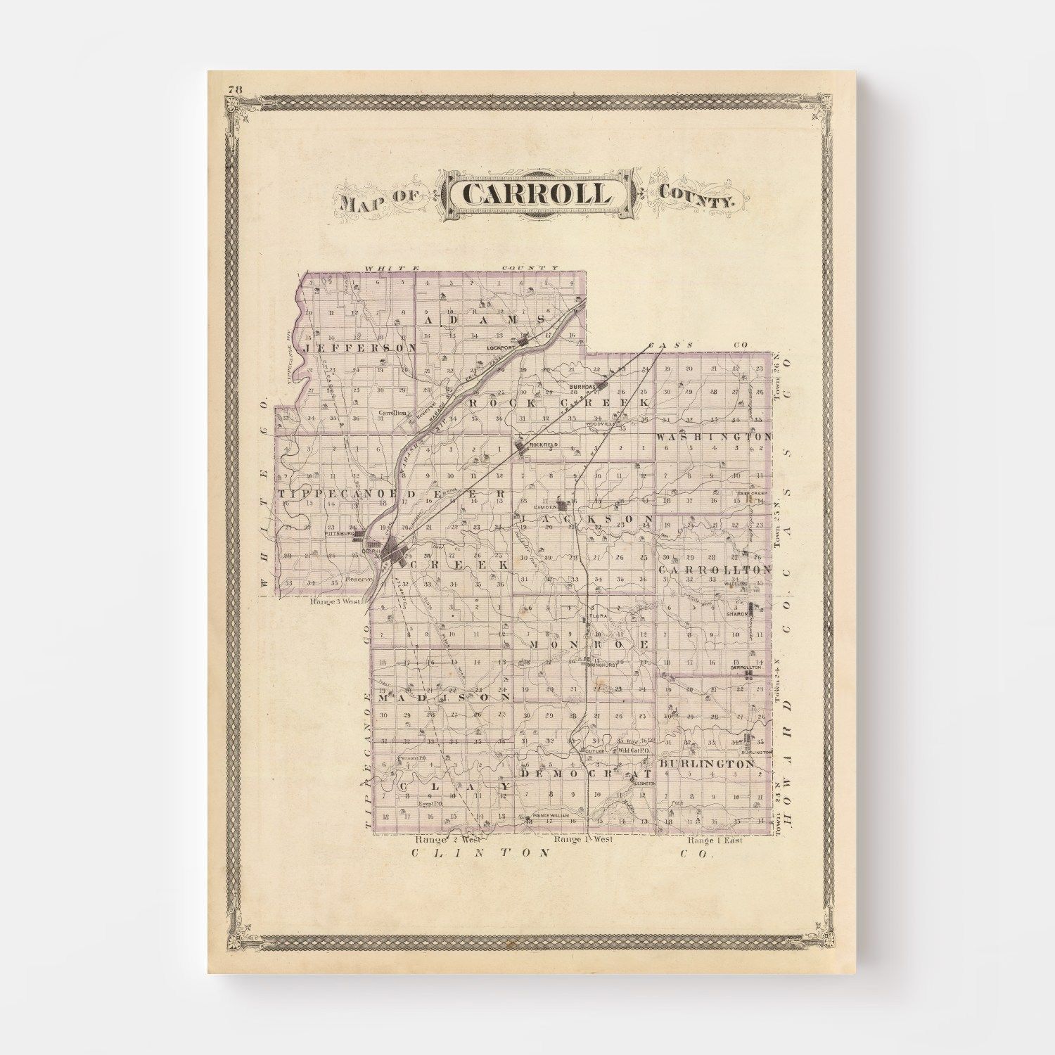 Vintage Map Of Carroll County, Indiana 1876 By Ted's Vintage Art