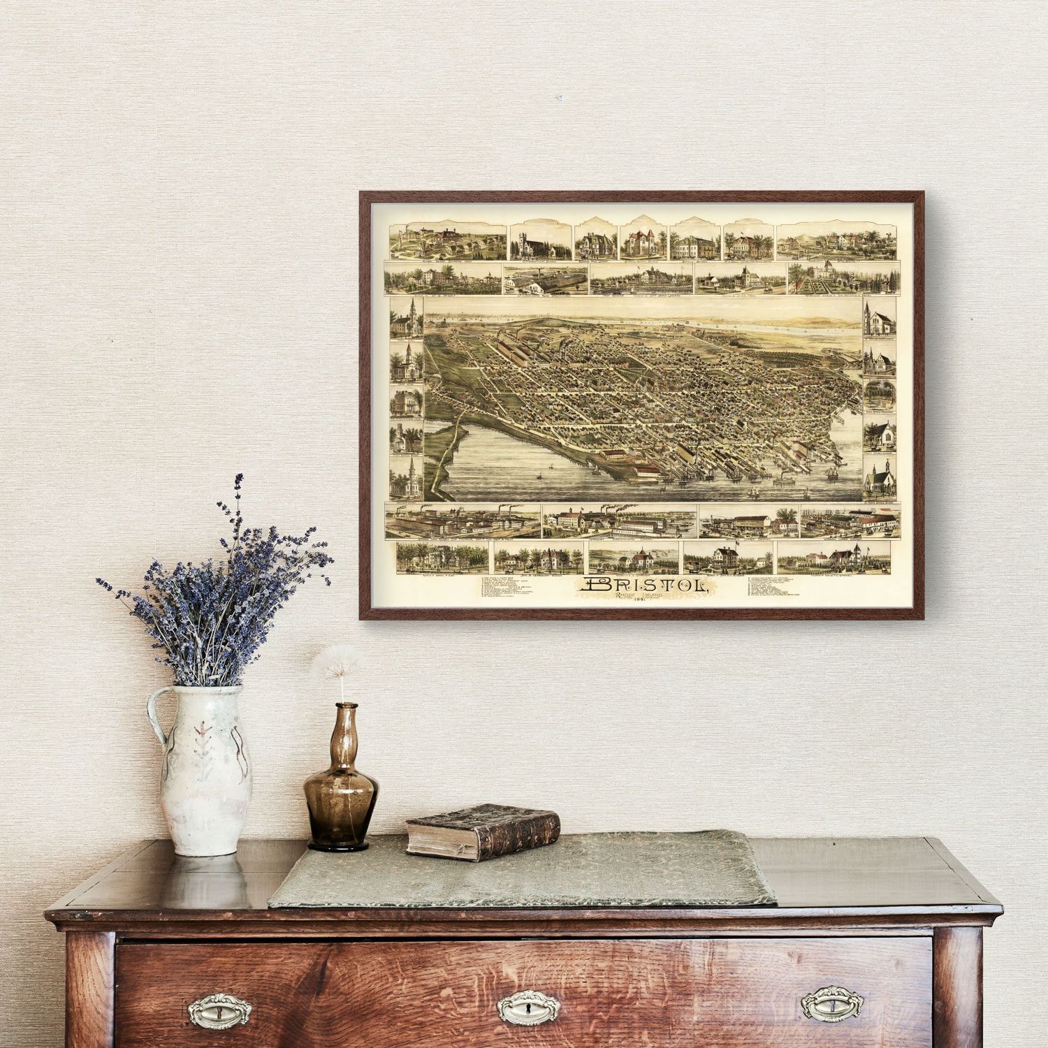 Framed limited online edition 1991 reprint from 1891 original printed map of Bristol, Rhode Island