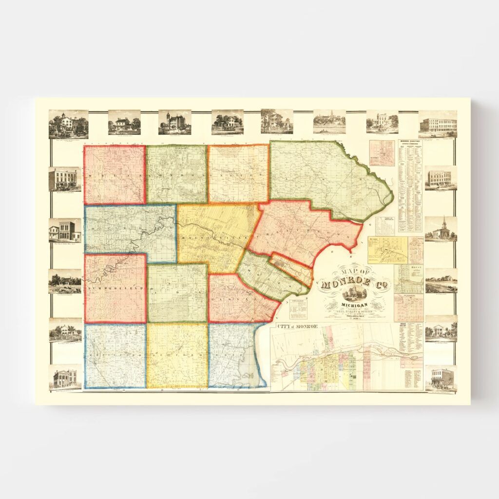 Vintage Map of Monroe County, Michigan 1859 by Ted's Vintage Art