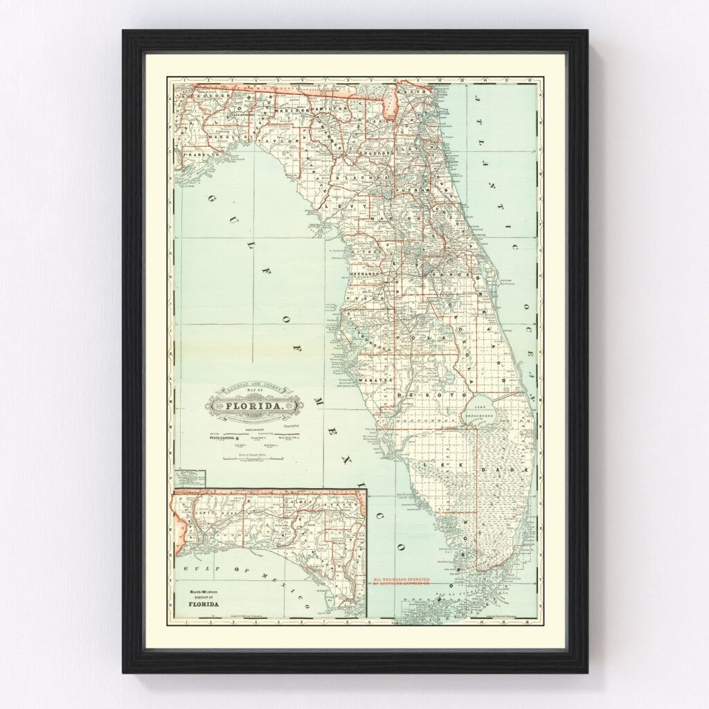 Vintage Map of Florida 1888 by Ted's Vintage Art