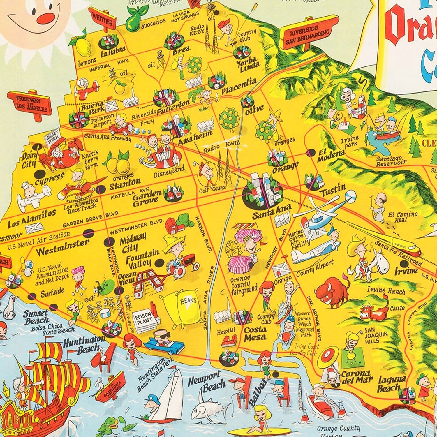 Vintage Map of Orange County, California 1957 by Ted's Vintage Art