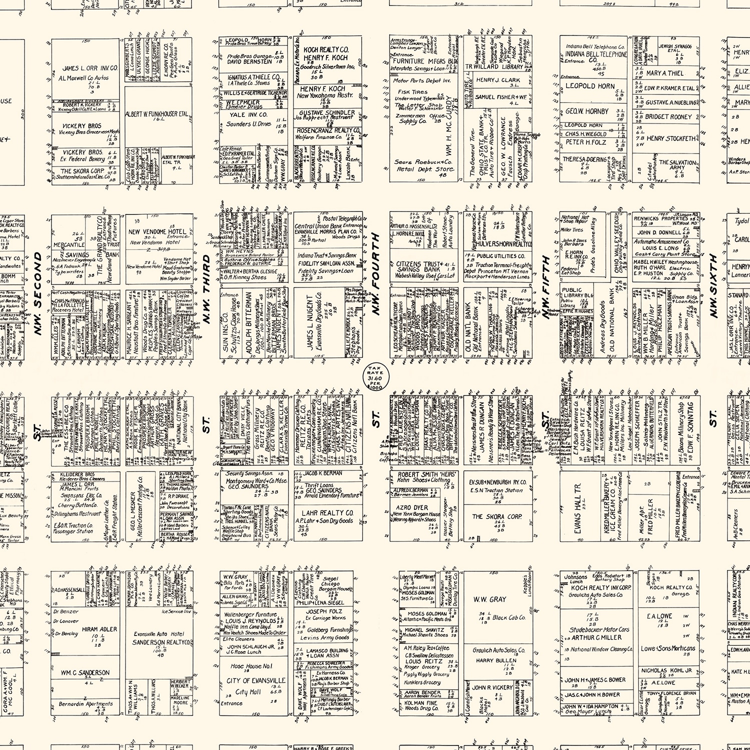 Vintage Map of Evansville, IN Business Section 1929 by Ted's Vintage Art