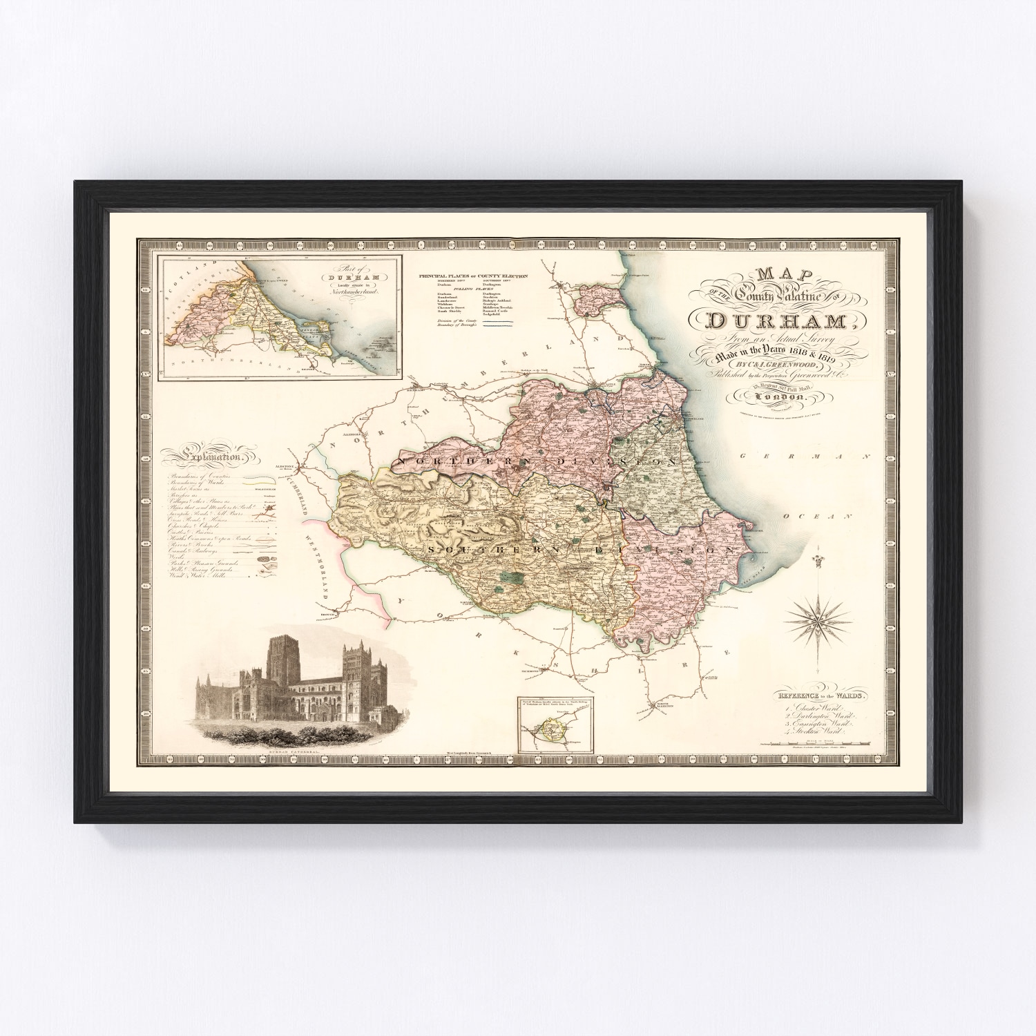 Vintage Map Of Map Of The County Palatine Of Durham England, 1831 By ...