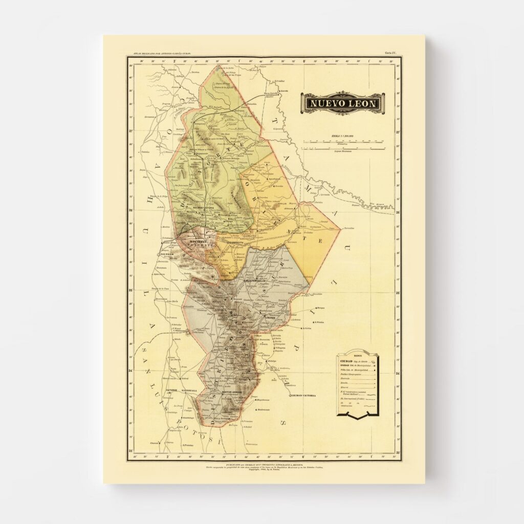 Vintage Map of Nuevo Leon Mexico, 1886 by Ted's Vintage Art